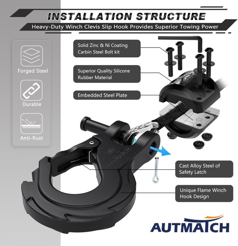 AUTMATCH Winch Hook 3/8" - Clevis Slip Hook with Safety Latch & Winch Cable Hook Stopper, Grade 70 Forged Steel Max 39,600Lbs Work for Winch Rope, ATV, UTV, Off Road Vehicle, Frosted Black - Image 2